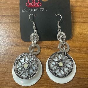 Silver and White mother of pearl looking heart scroll Dangle drop sun Earrings